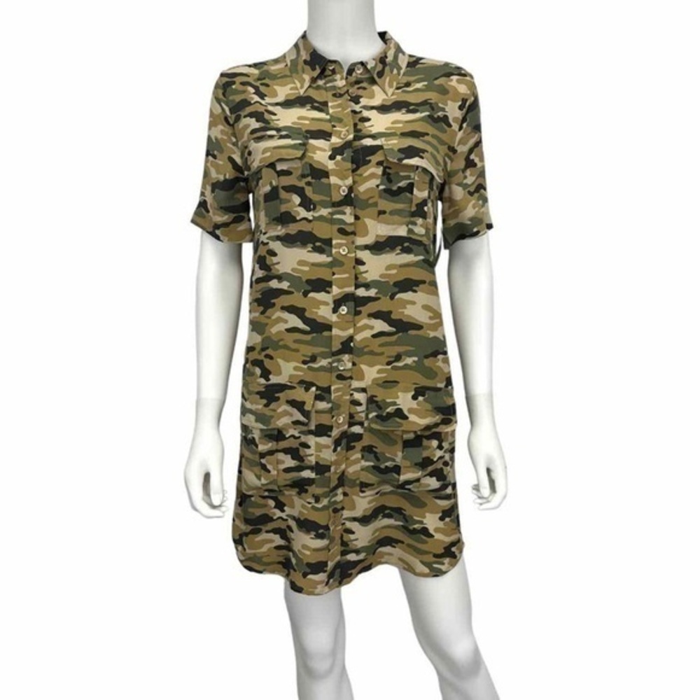 EQUIPMENT Green 100% Silk Camouflage Shirt Dress